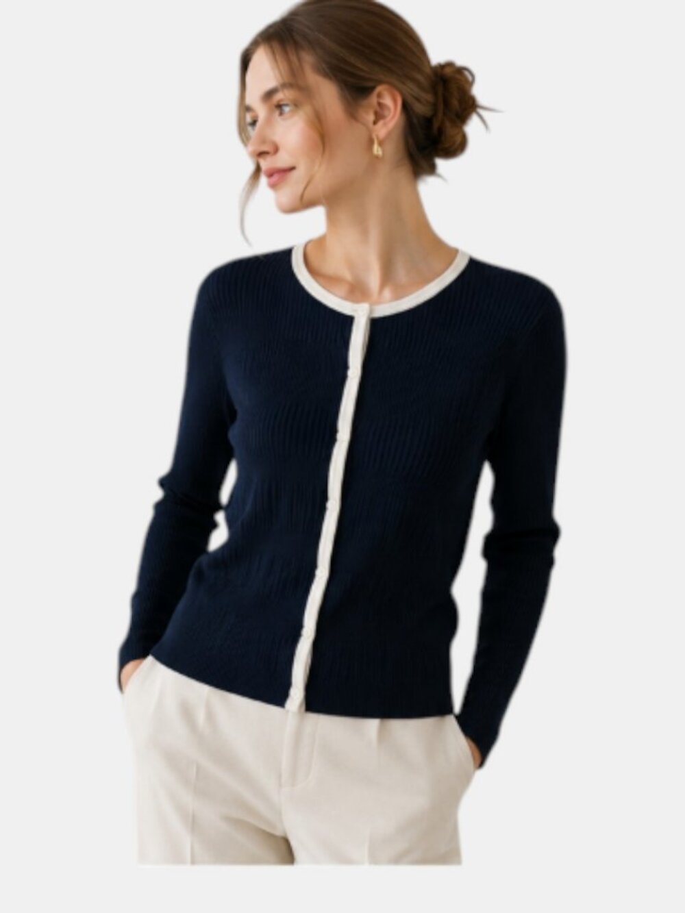 ANNE KLEIN RIBBED KNIT BUTTON FRONT CARDIGAN NAVY/IVORY NWOT SIZE L